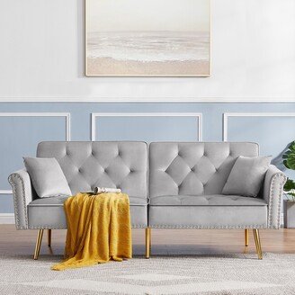 Calnod Modern Velvet Tufted Sofa Couch with 2 Pillows & Nailhead Trim, Loveseat Sofa Futon Sofa Bed with Metal Legs for Living Room