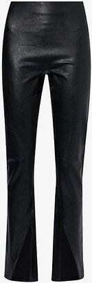 Womens Luxe Black Like Leather Straight-leg High-rise Stretch-woven Leggings