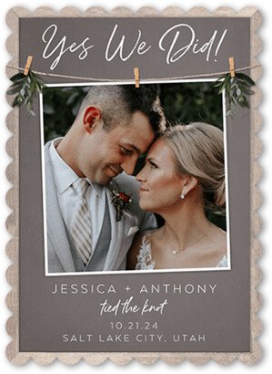 Wedding Announcements: Capture Yes Wedding Announcement, Brown, 5X7, Pearl Shimmer Cardstock, Scallop