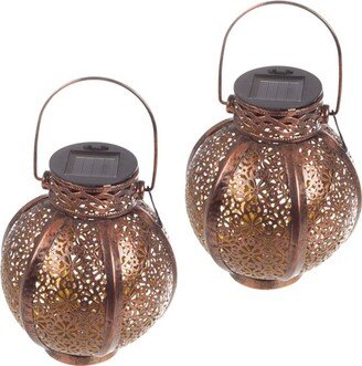 Set of 2 Solar Outdoor Lights - Hanging or Tabletop Rechargeable LED Lantern Set with 2 Shepherd Hooks for Outdoor Decor by Pure Garden (Bronze)