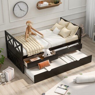 Calnod Twin Sized Wooden Daybed with 2 Drawers and Trundle for Kids Teens