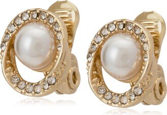 Women's Gold/Pearl/Crystal Pave Halo Twist Button Ez Comfort Clip Earrings