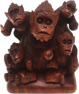 Handmade Monkey Family Wood Sculpture