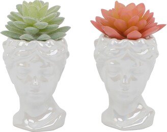 Succulent in Pearl Ceramic Face Pot Set, 2 Piece