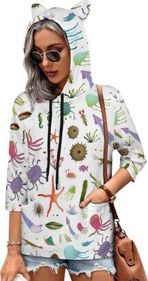 MENRIAOV Colorful Cartoon Under Sea Life White Womens Cute Hoodies with Cat Ears Sweatshirt Pullover with Pockets Shirt Top M