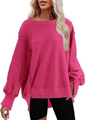 HangNiFang Womens Oversized Crew neck Sweatshirts Side Slit Casual Pullovers Sweatshirt(1106-RoseRed-XL)