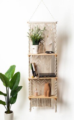 Macrame Hanging 3-Tier Floating Wall Shelves For Bedroom, Bathroom, Nursery, Boho Wood Shelves, Plant Shelf, Rustic Picture Shelf