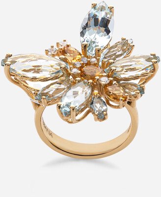 Spring ring in yellow 18kt gold with aquamarine butterfly