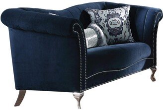 Nailhead Trim Fabric Upholstered Loveseat with Vertical Channels, Blue