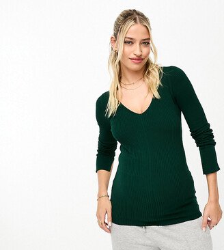 ASOS DESIGN Maternity rib sweater with v neck in dark green