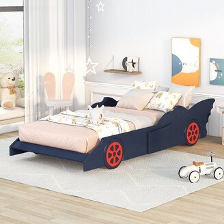 EDWINRAY Race Car-Shaped Twin Size Platform Bed with Wheels, Creative Design for Kids Bedroom, No Spring Box Needed, Blue+Red