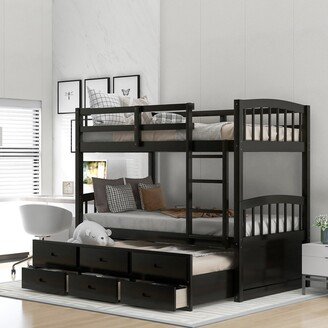 Aracari Wooden Twin Over Twin Bunk Bed with Trundle, Bed Frame with 3 Drawers