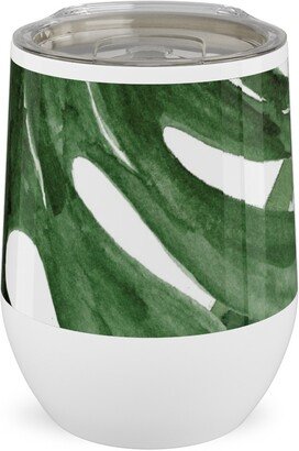 Travel Mugs: Monstera Tropical Leaves - Green Stainless Steel Travel Tumbler, 12Oz, Green