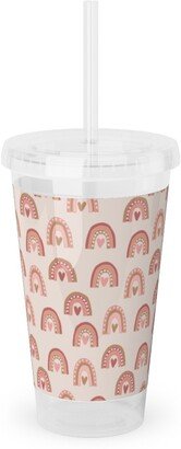 Travel Mugs: Hearts And Rainbows - Pink Acrylic Tumbler With Straw, 16Oz, Pink