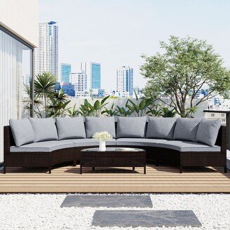 Calnod 5-Pieces Outdoor Garden Patio Furniture Sets for 8, Wicker Sectional Cushioned Half-Moon Sofa Sets with Tempered Glass Table