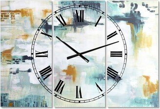 Designart Teal and White Composition Oversized Modern 3 Panels Wall Clock - 38