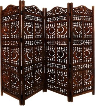 Benzara Foldable Wooden Room Divider with Hand Carved Sun And Moon Design