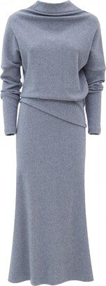 Julia Allert Rib Knit Suit Asymmetric Blouse & Basik Skirt - Gray-Blue