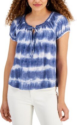 Petites Womens Tie-Dye Puff Sleeve T-Shirt