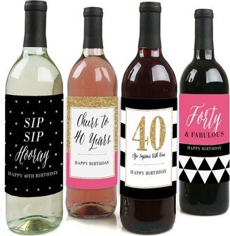 Big Dot Of Happiness Chic 40th Birthday - Pink Black Gold Gift - Wine Bottle Label Stickers - 4 Ct