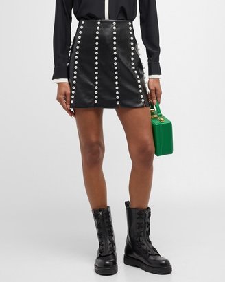 Lecia Embellished Vegan Leather Paneled Mini Skirt