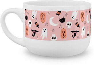 Mugs: Sweet Halloween - Pumpkin, Witch, Ghost, & Cat - Pink Latte Mug, White, 25Oz, Pink