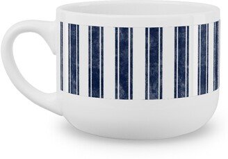 Mugs: Vertical French Ticking Textured Pinstripes In Dark Midnight Navy And White Latte Mug, White, 25Oz, Blue