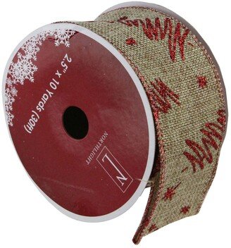 Northlight Red Tree and Beige Burlap Wired Christmas Craft Ribbon 2.5