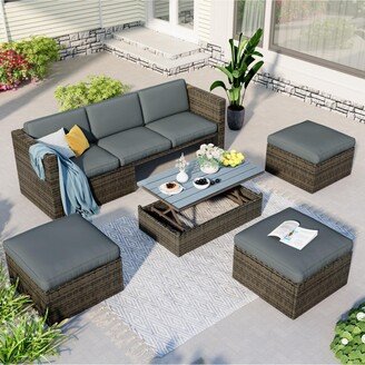 Simplie Fun Patio Furniture Sets, 5-Piece Patio Wicker Sofa with Adjustable Backrest, Cushions, Ottomans and Lift Top Coffee Table