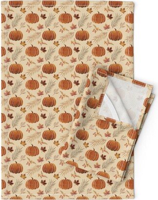 Autumn Harvest Tea Towels | Set Of 2 - Watercolor Pumpkins By Sahndamarie Fall Colors Halloween Linen Cotton Spoonflower