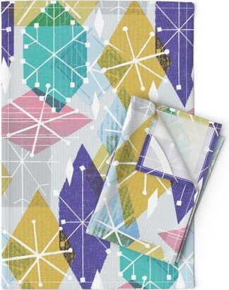 Mid Century Modern Tea Towels | Set Of 2 - Retro Mod Ice Crystals By Friztin Colorful Snowflakes Linen Cotton Spoonflower