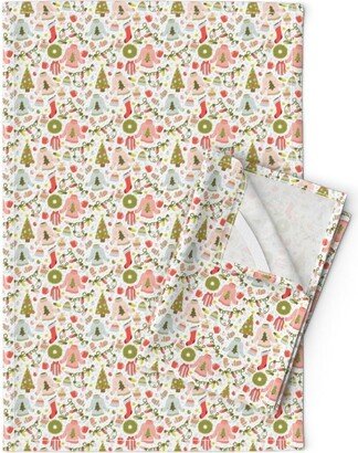 Cute Christmas Tea Towels | Set Of 2 - Holiday Cheer Small By Heartsandsharts Olive Green Peach Linen Cotton Spoonflower