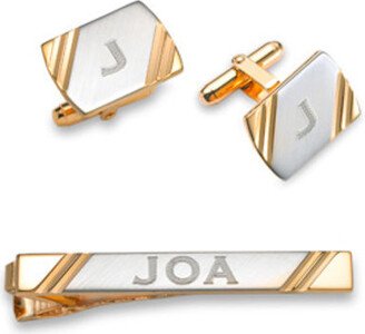 Men's Engravable Tie Bar and Cuff Links Set in Brass and 18K Gold Plate (1-3 Initials)