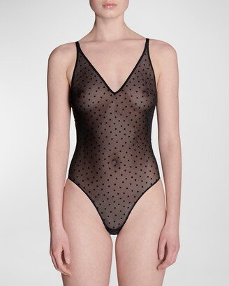 Lucie Polka-Dot Ruffle-Trim Tulle Bodysuit