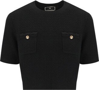 Black Cropped Knitted T-Shirt With Buttons