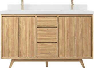 60 In. W X 22 D Madison Teak Double Sink Bathroom Vanity in Light Natural With Quartz Or Marble Countertop | Mid Century Modern