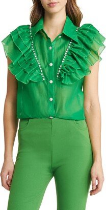 NIKKI LUND Holly Rhinestone Ruffle Button-Up Blouse