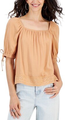 Juniors' Tie-Sleeve Square-Neck Crochet Top