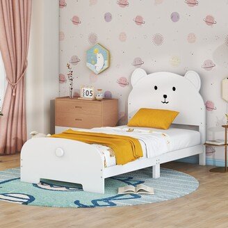 Wood Platform Bed with Bear-shaped Headboard and Footboard