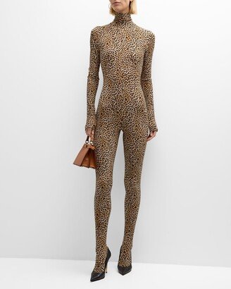 Open-Back Leopard-Print Footed Catsuit