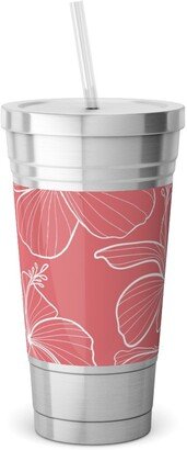 Travel Mugs: Hibiscus Line Art - Pink Stainless Tumbler With Straw, 18Oz, Pink