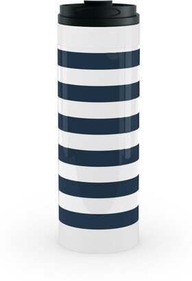 Travel Mugs: Simple Horizontal Stripe Stainless Mug, White, 16Oz, Blue