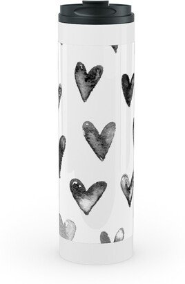 Travel Mugs: Watercolor Hearts - Black And White Stainless Mug, White, 20Oz, Black