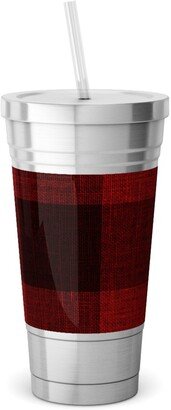 Travel Mugs: Linen Look Gingham Lumberjack - Red, Black Stainless Tumbler With Straw, 18Oz, Red