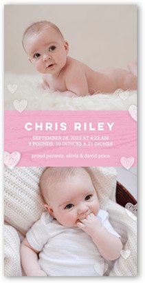 Birth Announcements: Gentle Hearts Birth Announcement, Pink, 4X8, Signature Smooth Cardstock, Square