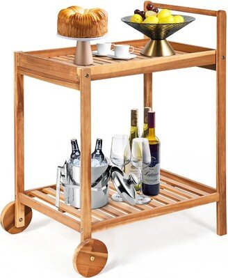 2-Tier Acacia Rolling Kitchen Trolley Cart Dining Serving Cart Outdoor w/ Wheels