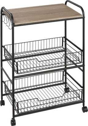 HOMCOM 24 3-Tier Rolling Kitchen Cart, Utility Storage Trolley with 2 Basket Drawers, Side Hooks for Dining Room and Kitchen, Oak Wood Tone