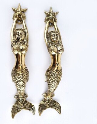 2 Brass Small Hand Cast 8 Long Vintage Old Style Mermaid Solid Door Handles Pull 20 cm Stunning Beautiful Entry Grabs