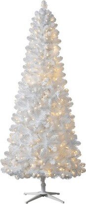 Treetopia All Snowed In White 8 Foot Artificial Prelit Slim Narrow Christmas Tree Holiday Decoration with White LED Lights, Premium Stand & Foot Pedal