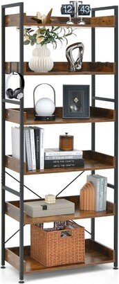 6-Tier Bookshelf Open Display Shelves Storage Rack Metal Frame with 4 Hooks Rustic